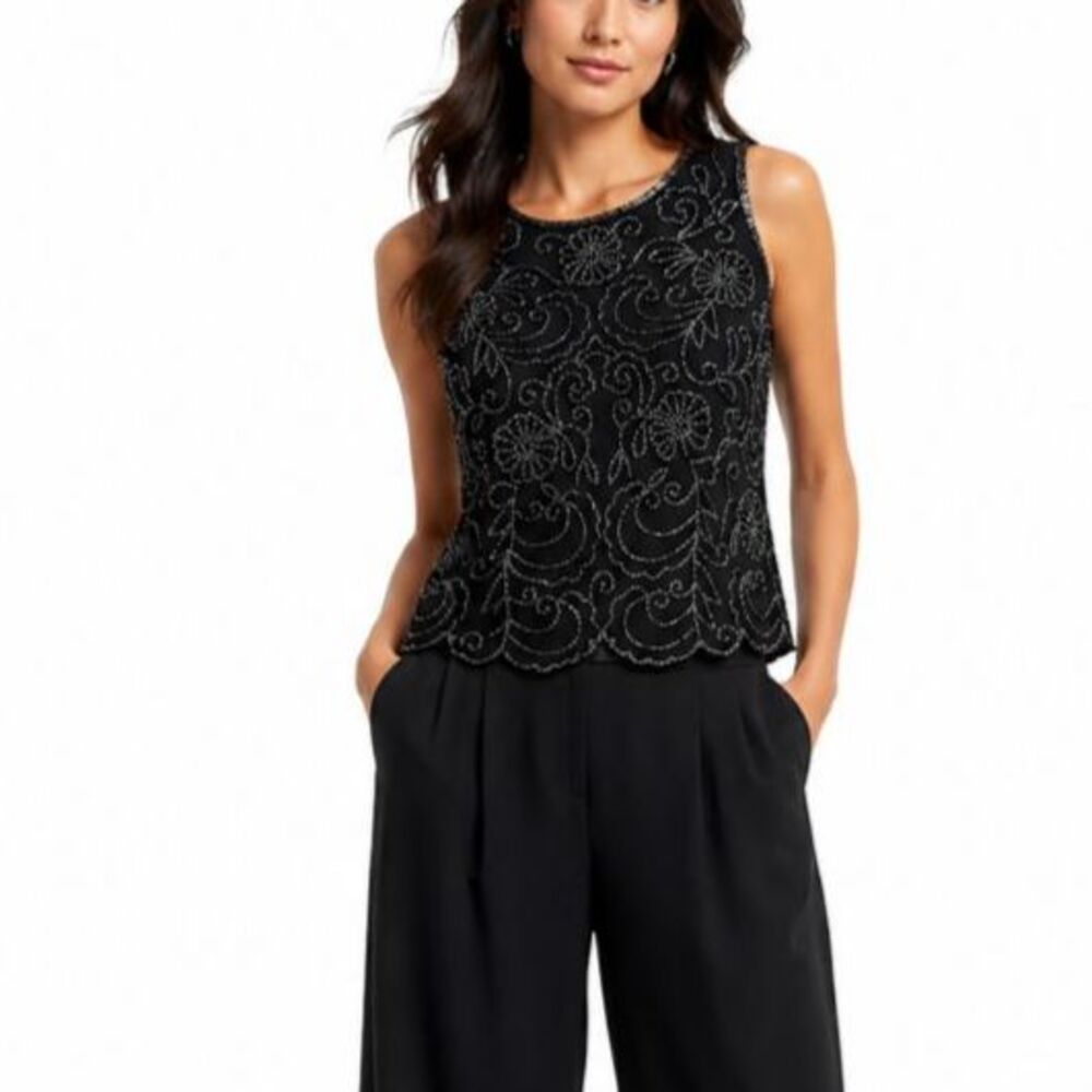 Vintage 90s JMD New York Womens Black Floral Beaded Sleeveless Dressy Top Size L